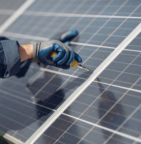 Engineer in a white helmet. Man near solar panel.